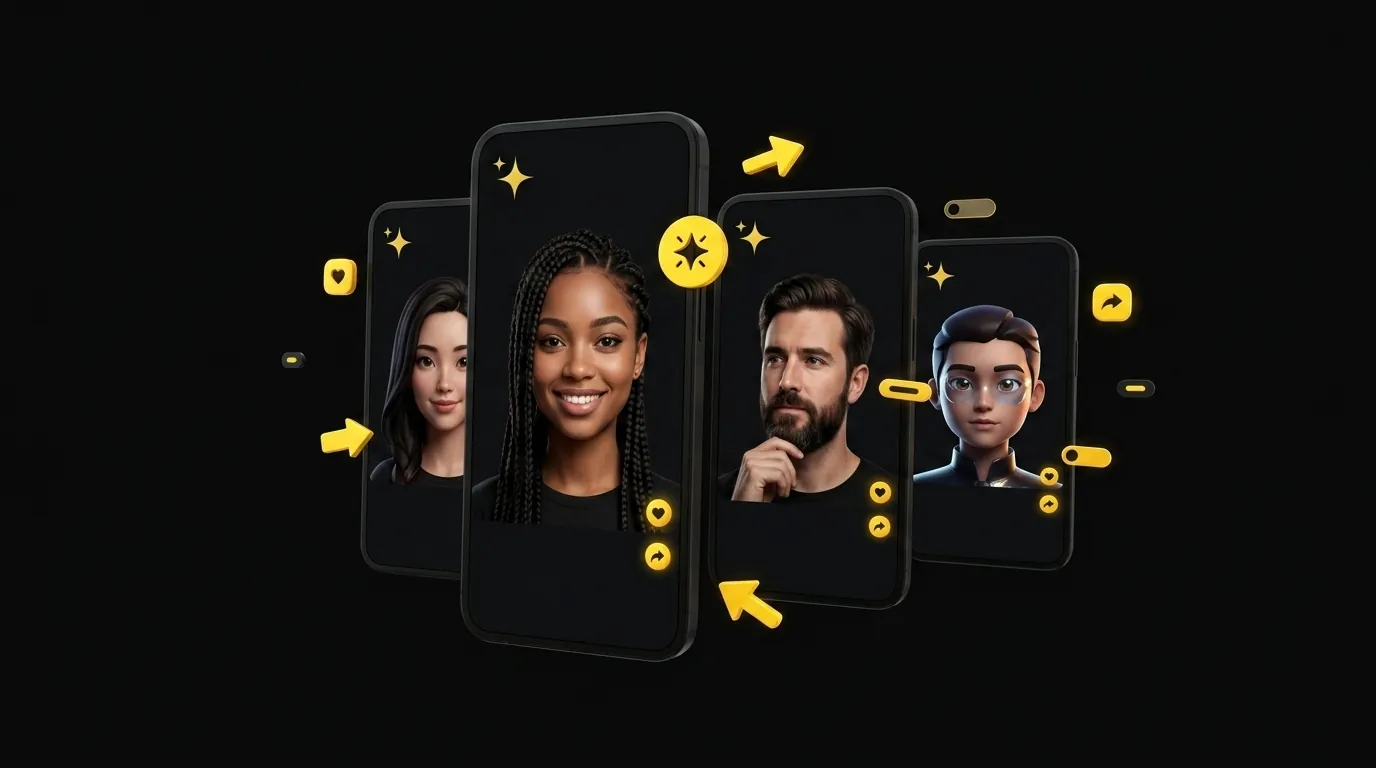 Cascading floating cards showing AI avatar social media video posts for multiple platforms on black background
