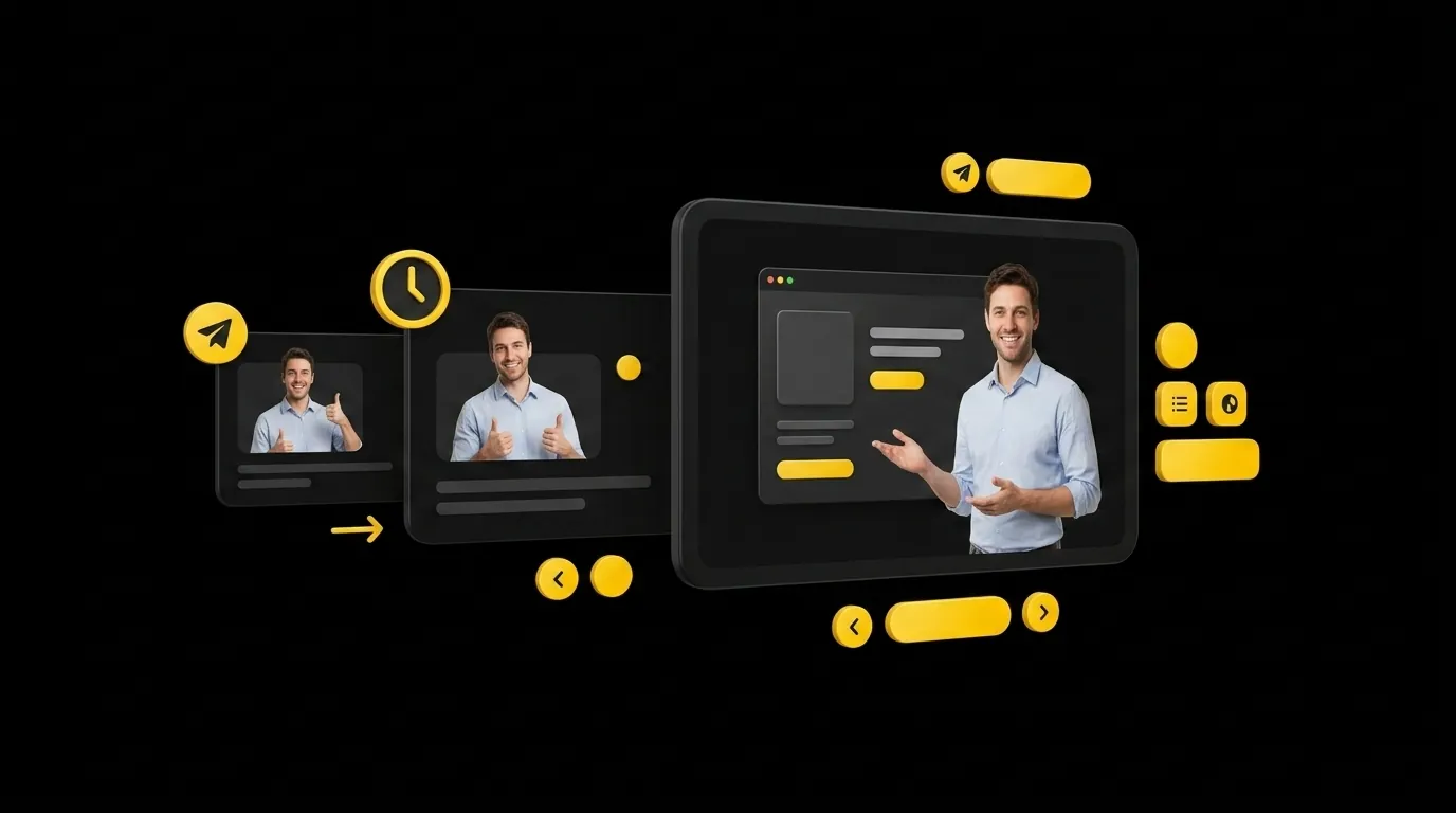 Central demo video card with a human sales rep beside a product screen flanked by two follow-up cards on black background