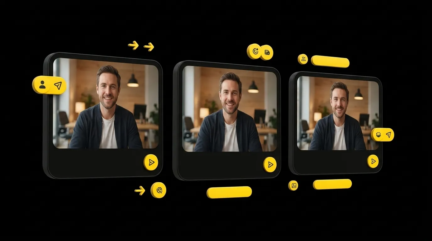 Three floating outreach video cards all showing the same human sales rep addressing different prospects on black background