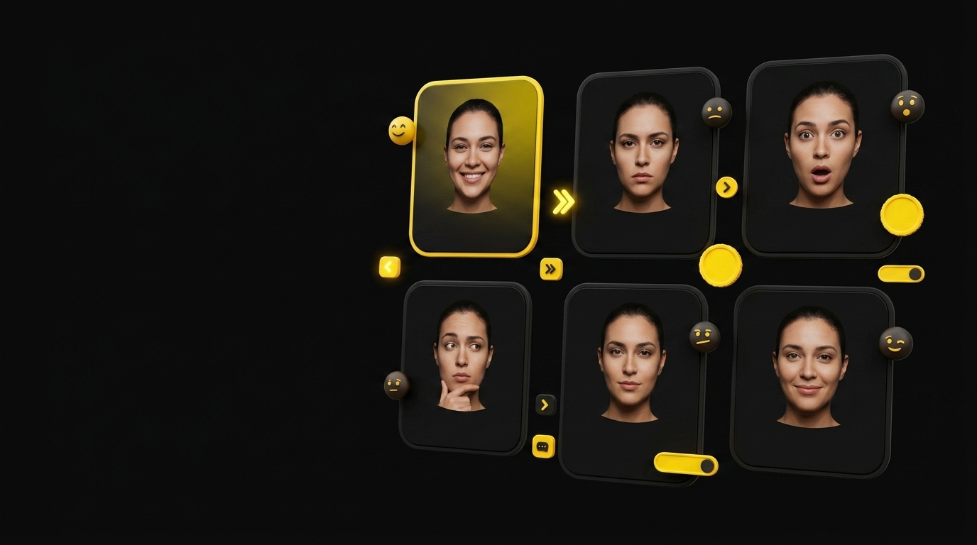 Floating cards showing the same AI avatar with different micro-expressions and emotion indicator icons on black background