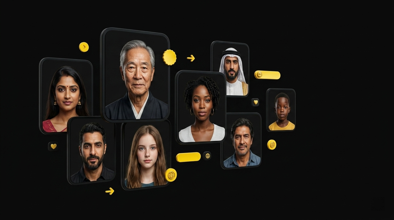 Floating portrait cards showing diverse AI avatars of different ethnicities and ages in a beautiful mosaic on black background
