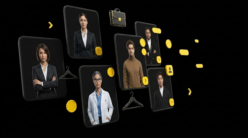 Floating portrait cards showing diverse AI avatars in professional business attire with wardrobe icons on black background