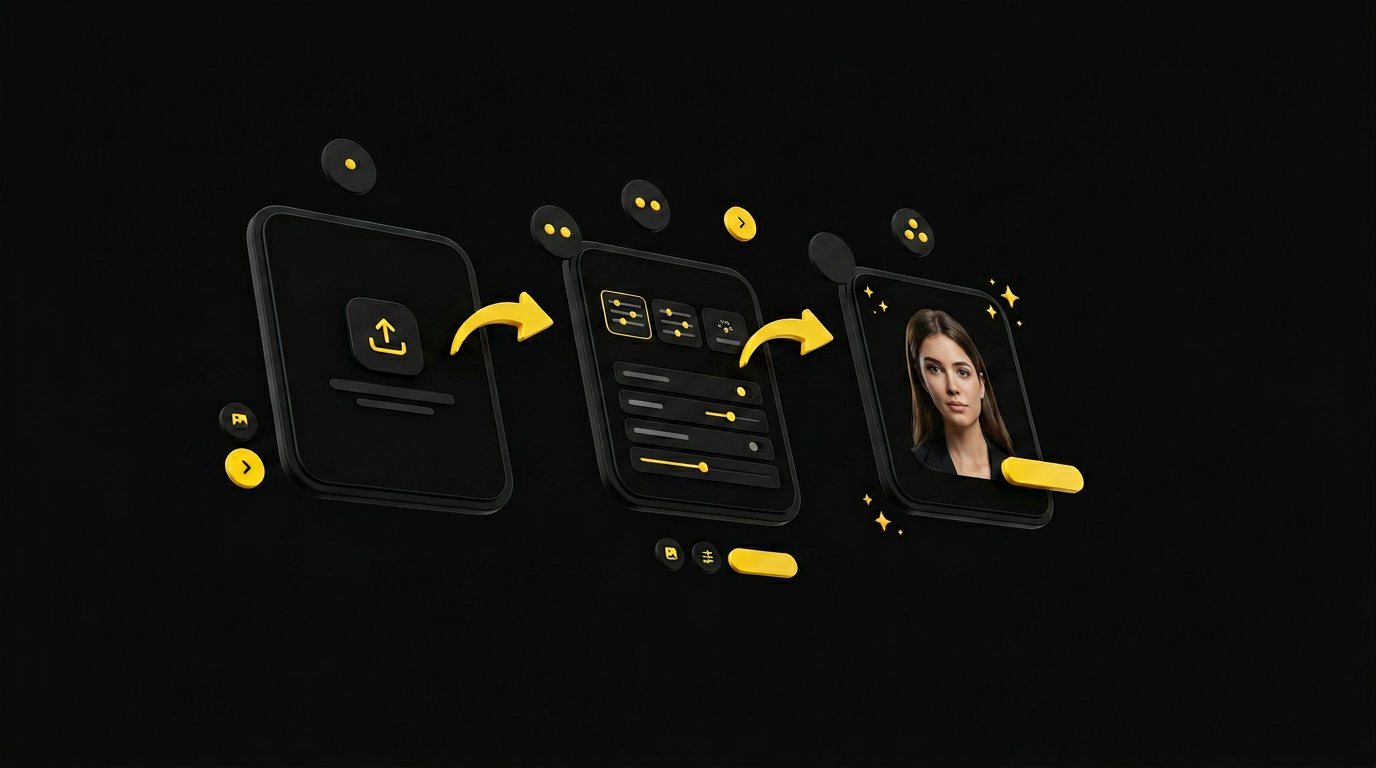 Floating step cards showing avatar creation flow from photo upload to generated result with numbered indicators on black background