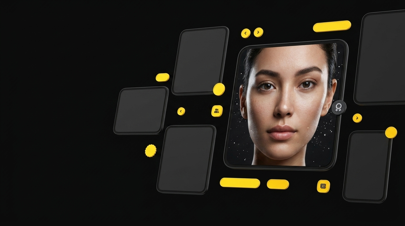 Large floating card showing ultra-detailed AI avatar face in studio lighting with quality badge on black background