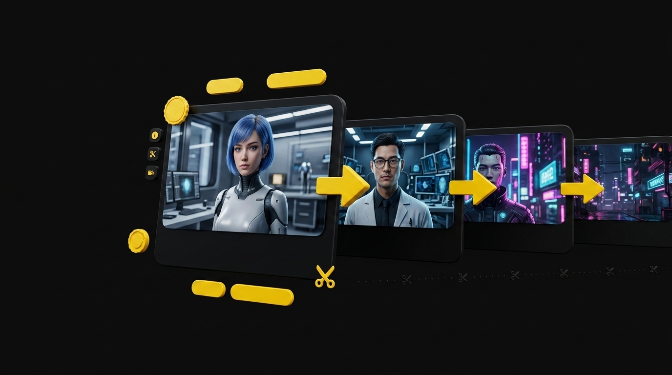 Multiple floating scene cards arranged in a timeline with transition arrows and editing controls on black background