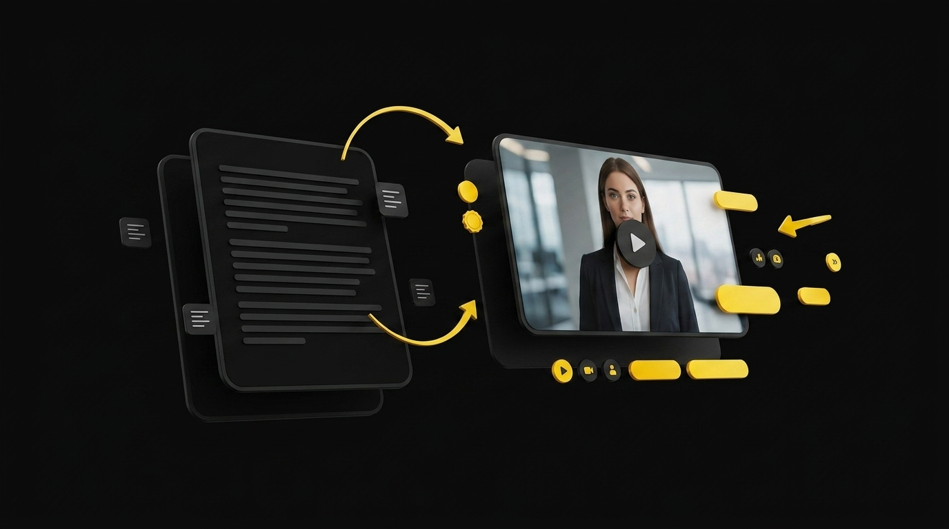 Floating cards showing script text transforming into AI avatar video with gold conversion arrows on black background