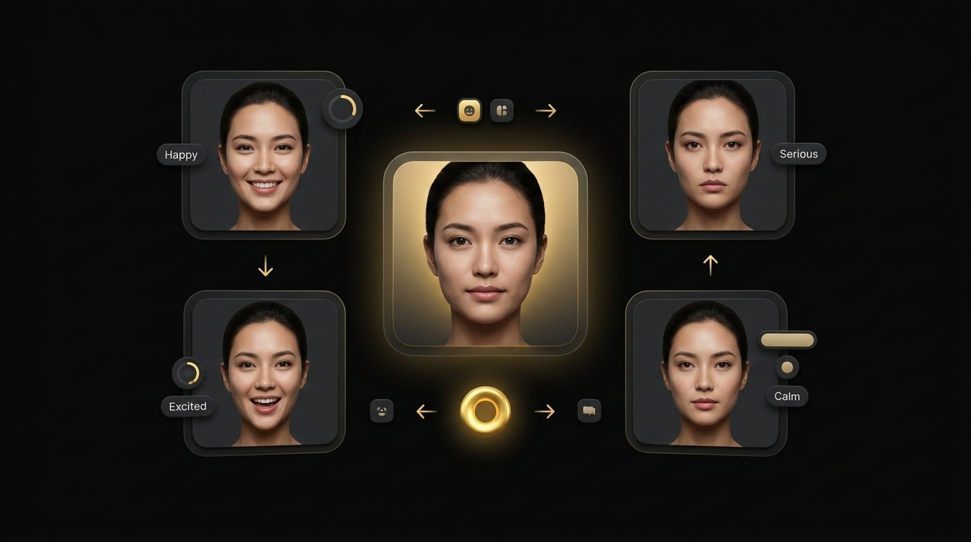 Floating cards showing AI avatar with different emotional expressions and emotion slider controls on black background