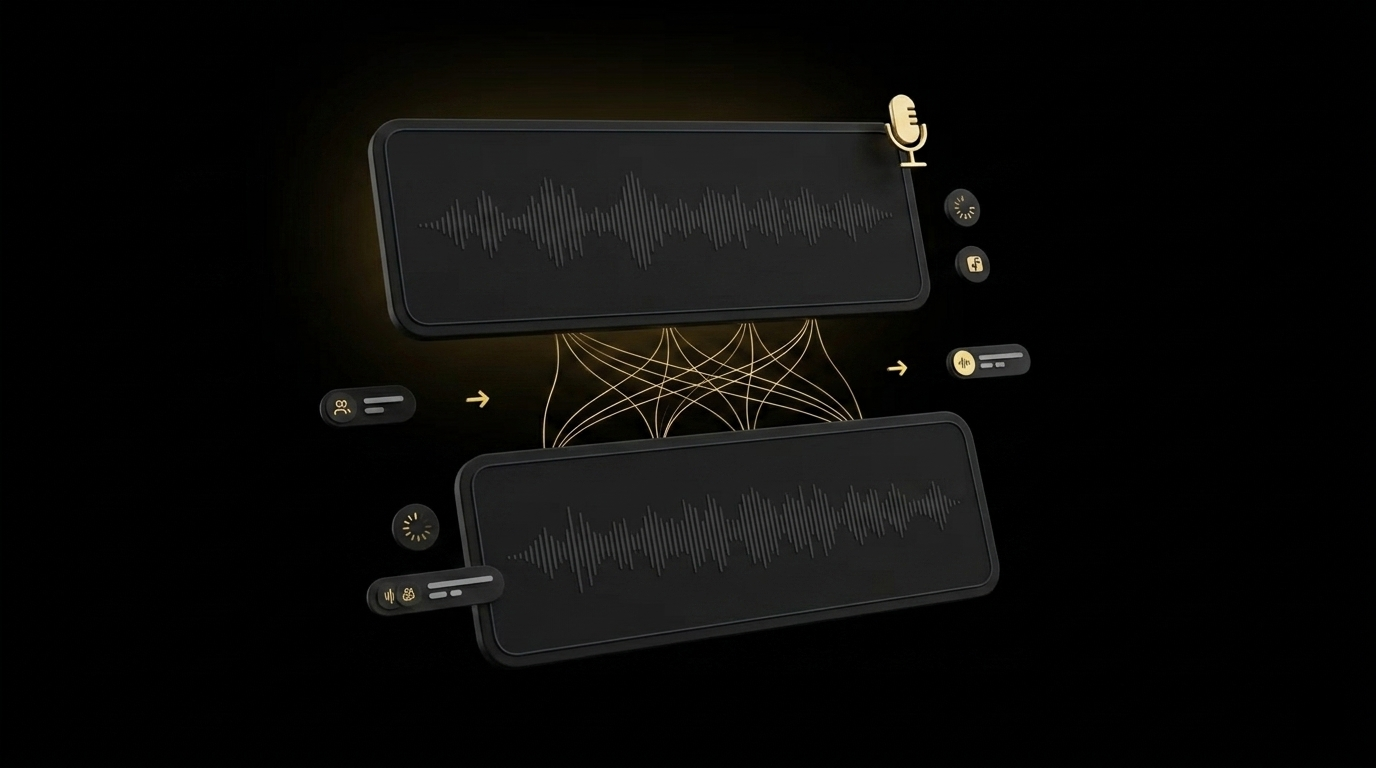 Floating cards showing voice sample waveform transforming into a cloned AI voice with neural network visualization on black background