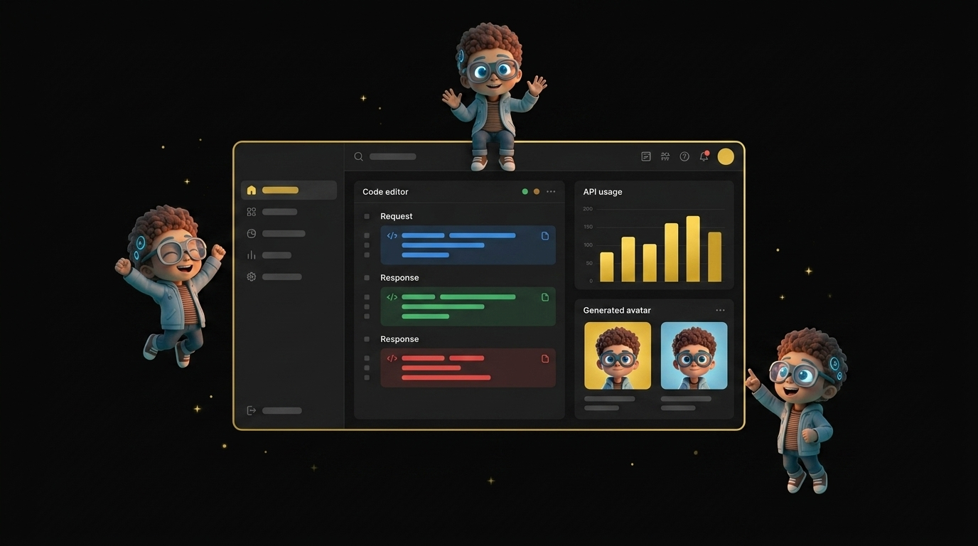 Percify AI developer API platform showing code integration, API response previews, and avatar generation endpoints