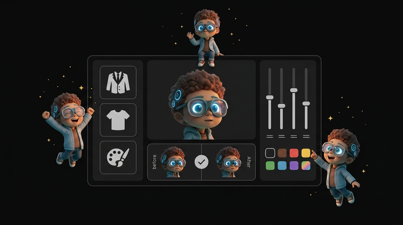 Percify AI avatar customization interface showing outfit changes, style presets, and real-time appearance preview
