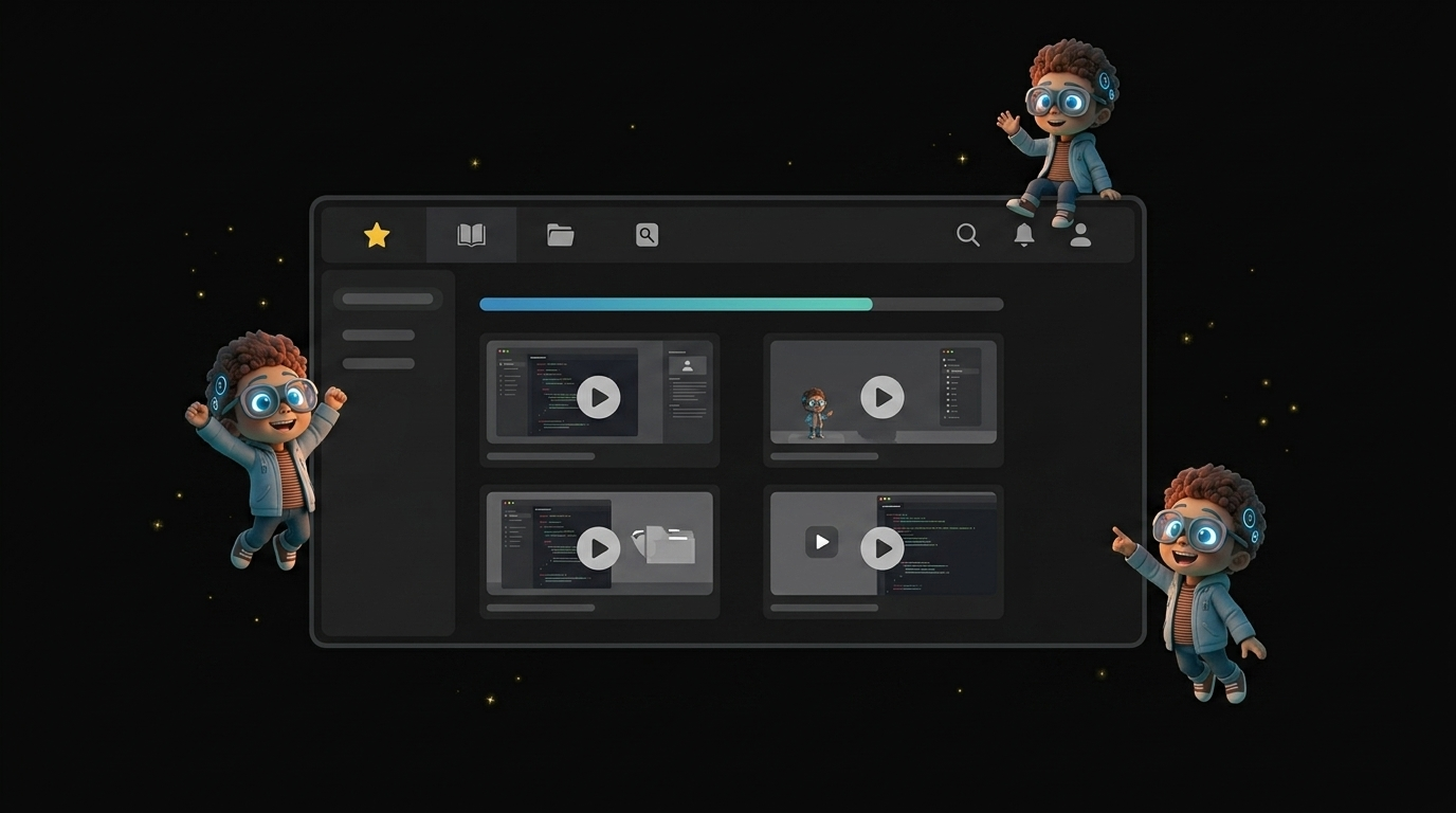 Percify AI video tutorials library showing categorized tutorial cards with play buttons and progress indicators