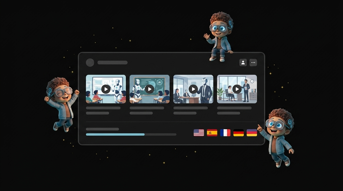 Percify AI education platform showing multilingual training video creation with AI instructor avatars and lesson progress tracking
