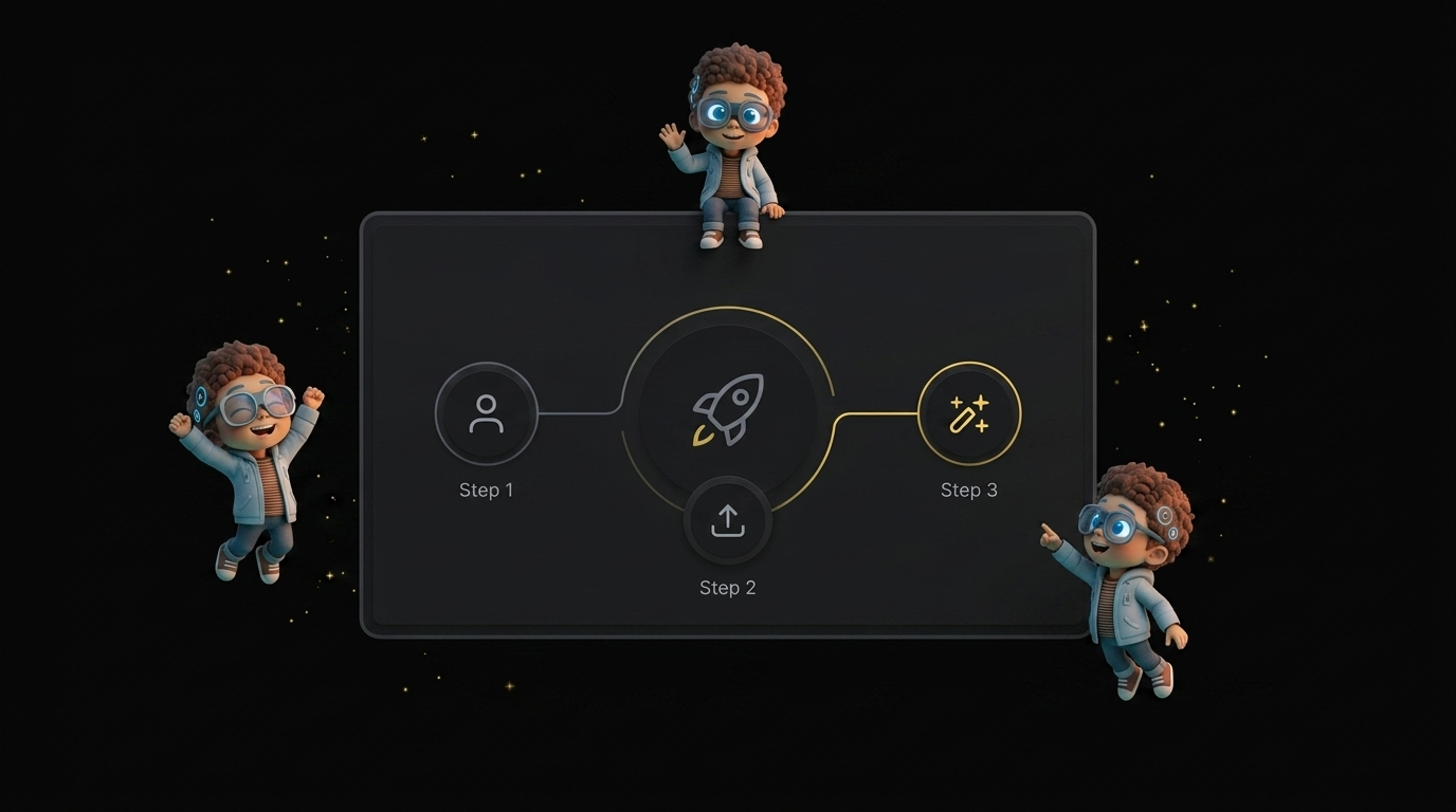 Percify AI quick start guide showing the 3-step onboarding flow from account creation to first avatar generation