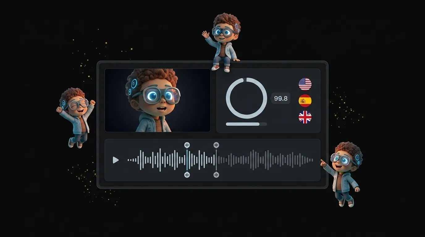 Percify AI lip sync technology showing audio waveform synchronized with avatar facial animation and accuracy metrics