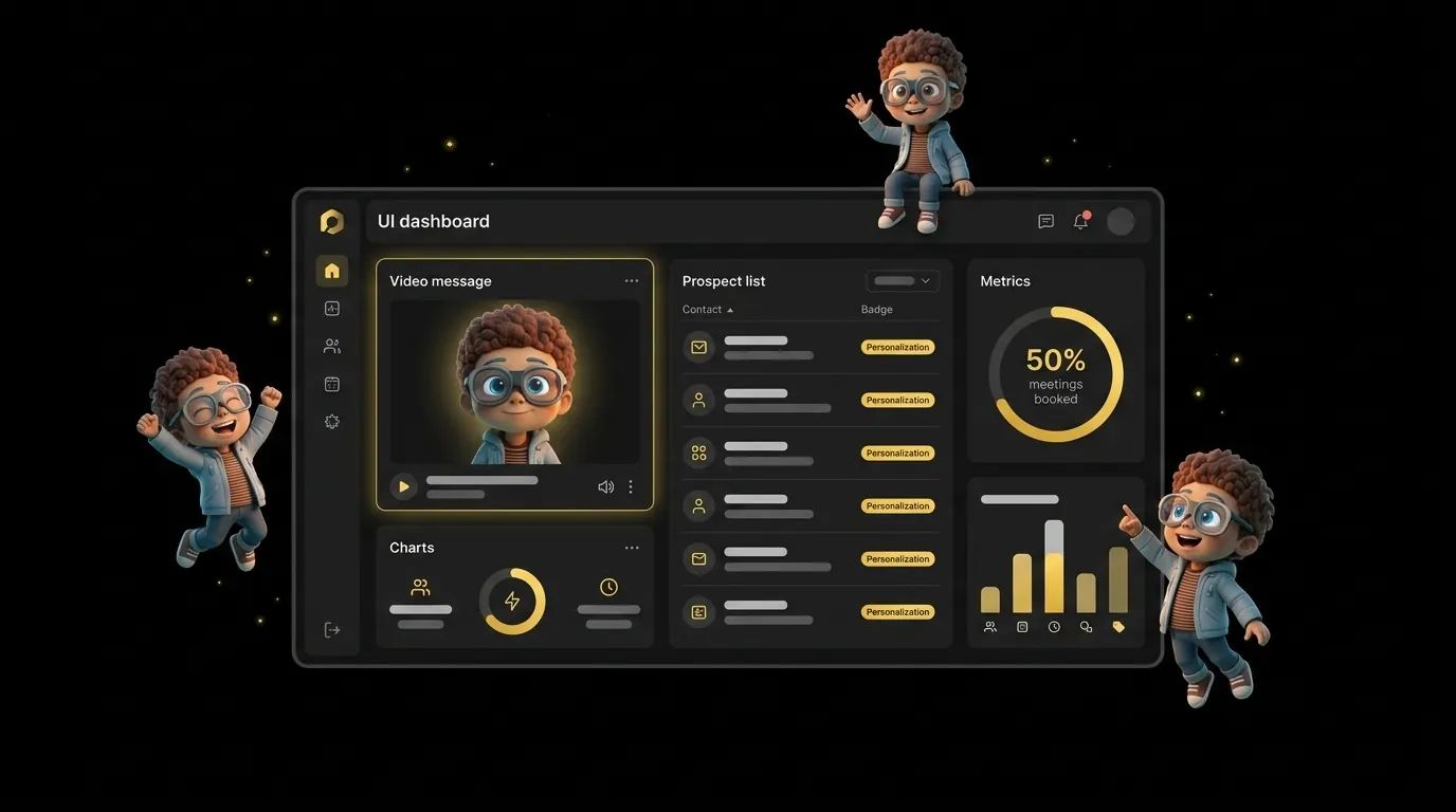 Percify AI sales platform showing personalized outreach video creation with AI avatar presenter, prospect list, and meeting metrics