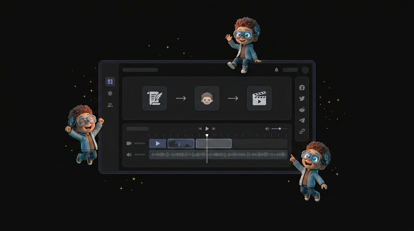 Percify AI video generator platform showing the complete script-to-video pipeline with editing tools and sharing options