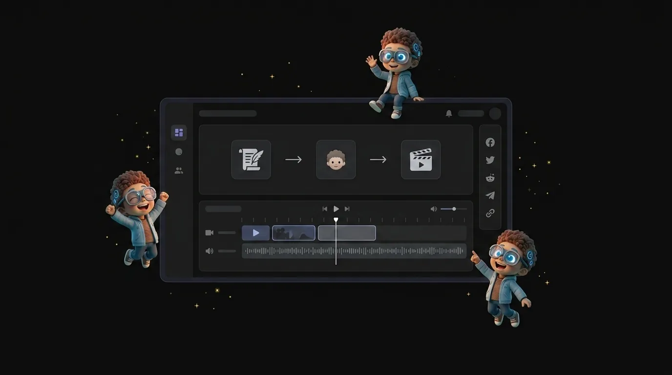 Percify AI video generator platform showing the complete script-to-video pipeline with editing tools and sharing options