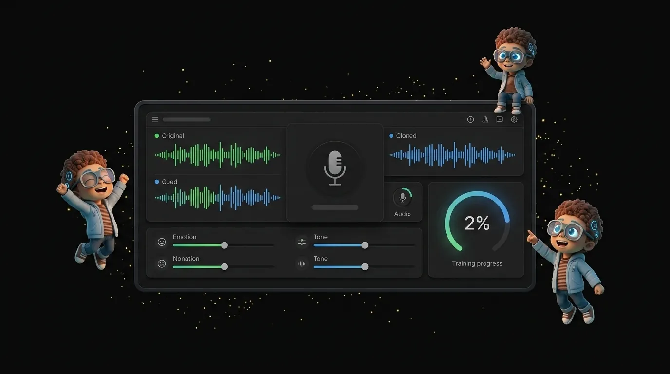 Percify AI voice cloning interface showing voice training progress, waveform comparison, and emotion control sliders