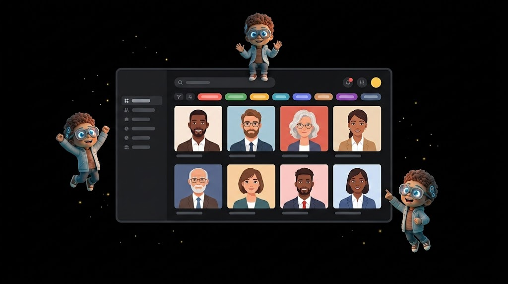 Percify stock AI avatar library showing diverse professional avatars across ethnicities, ages, and styles with filter options