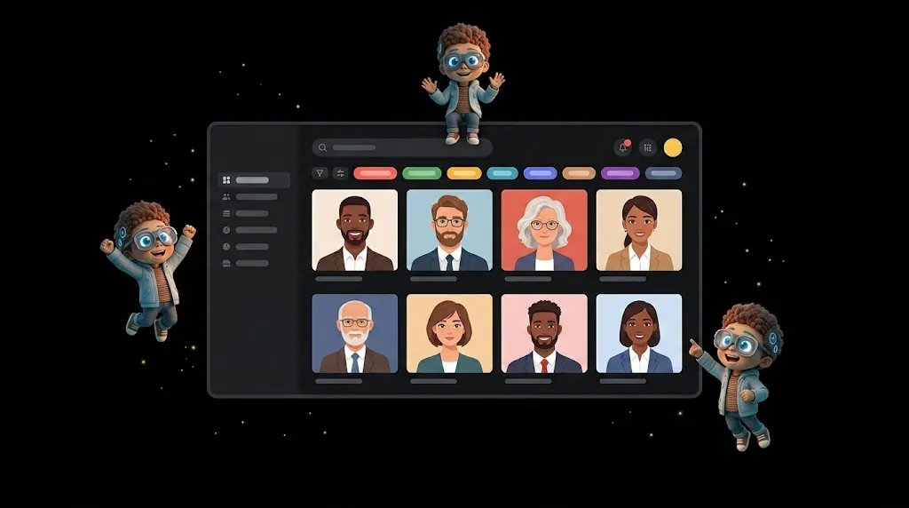 Percify stock AI avatar library showing diverse professional avatars across ethnicities, ages, and styles with filter options